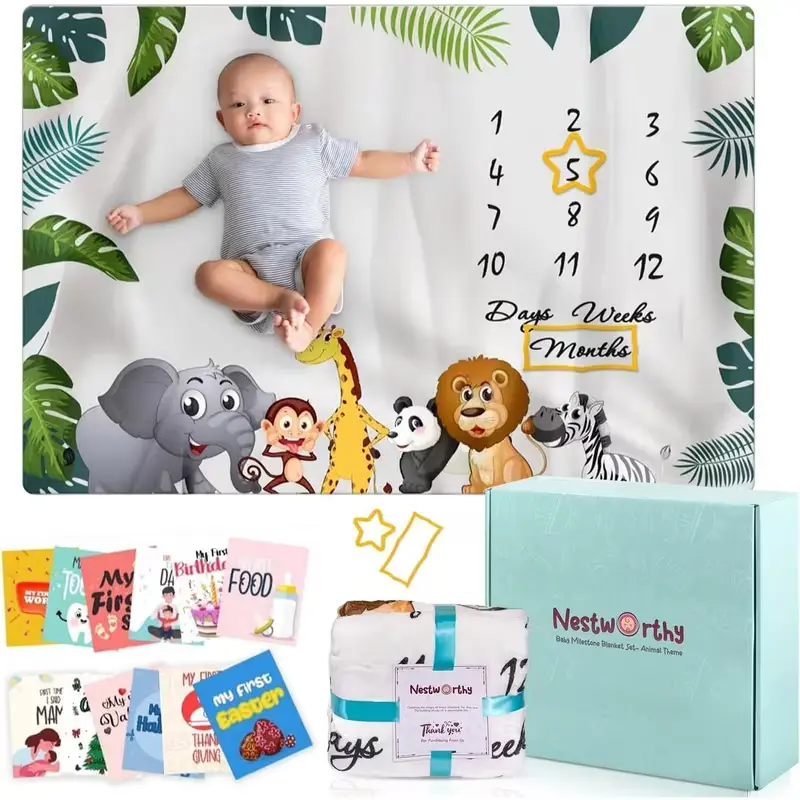 NestWorthy Safari Animal Baby Milestone Blanket Set - 60x40 Extra Large Ultra Soft Flannel Growth Tracker Blanket with Felt Star Frames & Holiday Milestone Cards - Jungle Theme Photography Background & Baby Shower Gift Box for Baby Boys